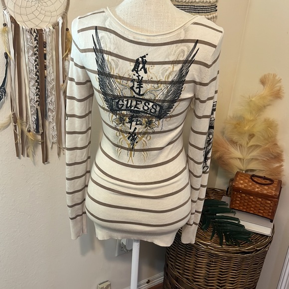 Guess Long Sleeved Knit Top/ Cream and Tan Striped Top/ Size Large - Picture 5 of 7